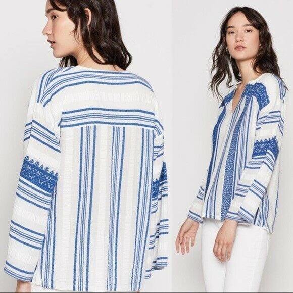 Joie Tops - Joie Selbea Top XS Regatta Blue Striped Embroidered Bell Sleeve Cotton Blouse